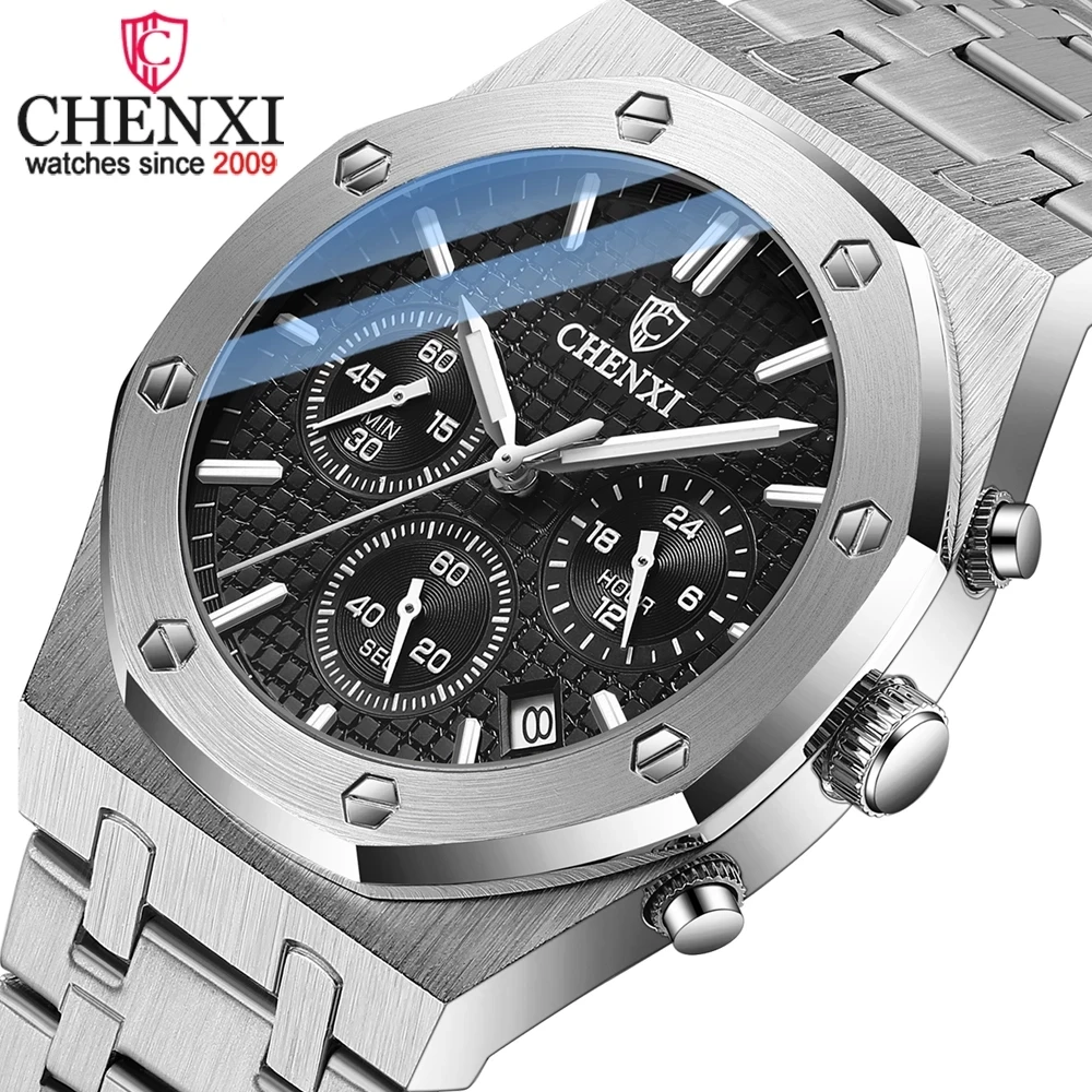 

CHENXI 948 high quality silver mens quartz watch original Stainless steel band 3 dials Chronograph date display sports watch