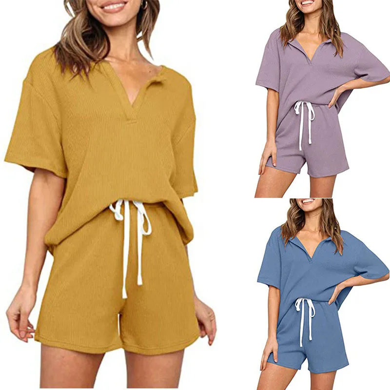 Casual Homewear Loose Fashion Pure Color Knitted Suit Ladies V-Neck Short Sleeve Top 2021 Summer High Waist Shorts 2-Piece Set
Casual Homewear Loose Fashion Pure Color Knitted Suit Ladies V-Neck Short Sleeve Top 2021 Summer High Waist Shorts 2-Piece Set