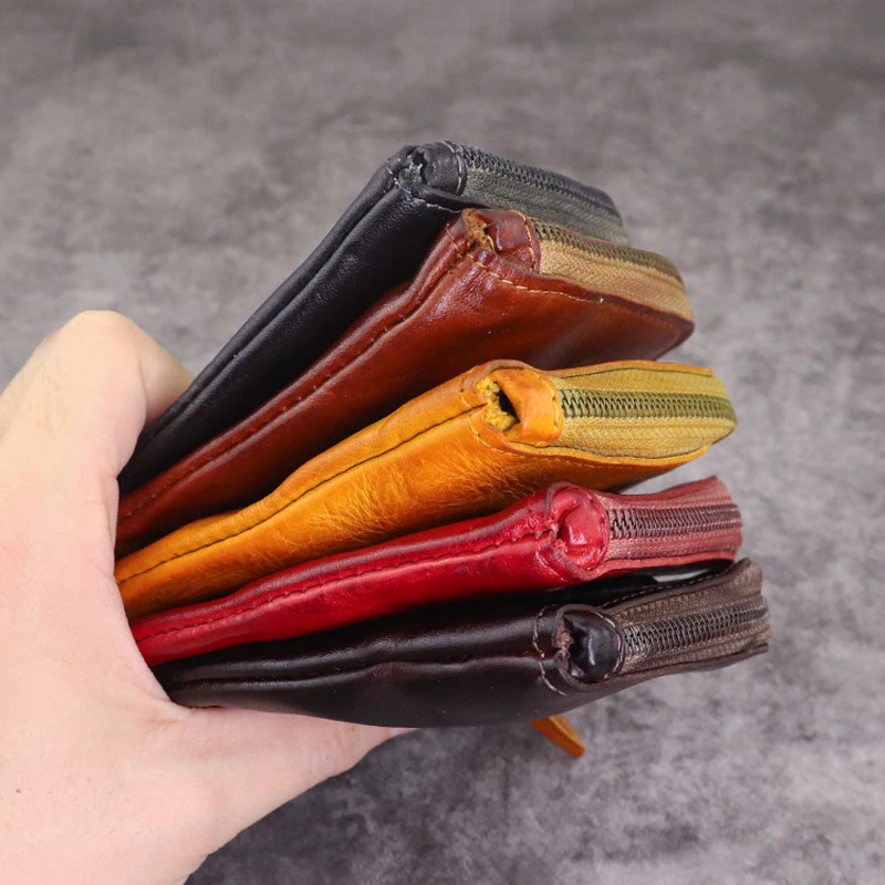 

2021 Coin Purse for Men Vintage wallets Original Leather Change Pouch Household Portable Keys Card Bag Zipper Card Holder, Red/black/light brown/yellowish-brown/coffee color