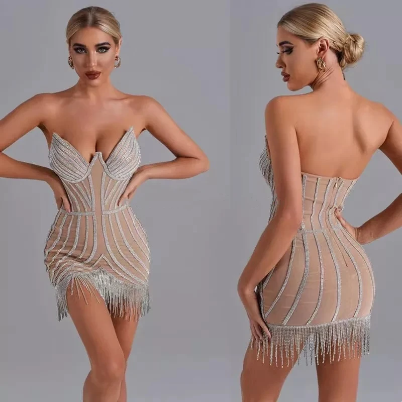 Sexy Sleeveless Mesh Transparent Striped Rhinestone Tassel Formal Birthday Party Bodycon Dress Women Short Prom Gown Club Dress
Sexy Sleeveless Mesh Transparent Striped Rhinestone Tassel Formal Birthday Party Bodycon Dress Women Short Prom Gown Club Dress