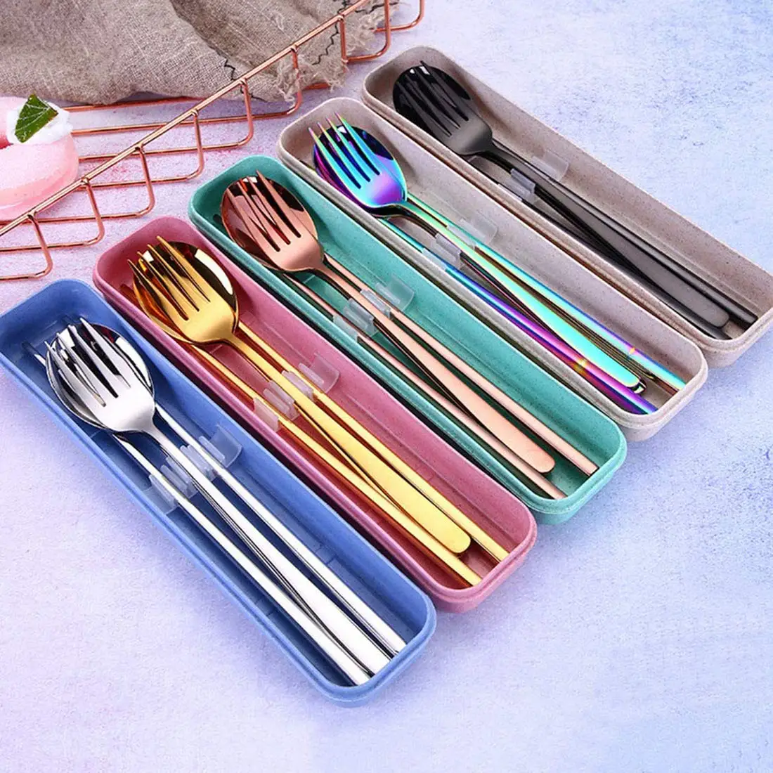 304 Korean Style Stainless Steel Travel Camping Reusable Cutlery Set, Silver/gold/rose gold/black/rainbow
304 Korean Style Stainless Steel Travel Camping Reusable Cutlery Set, Silver/gold/rose gold/black/rainbow