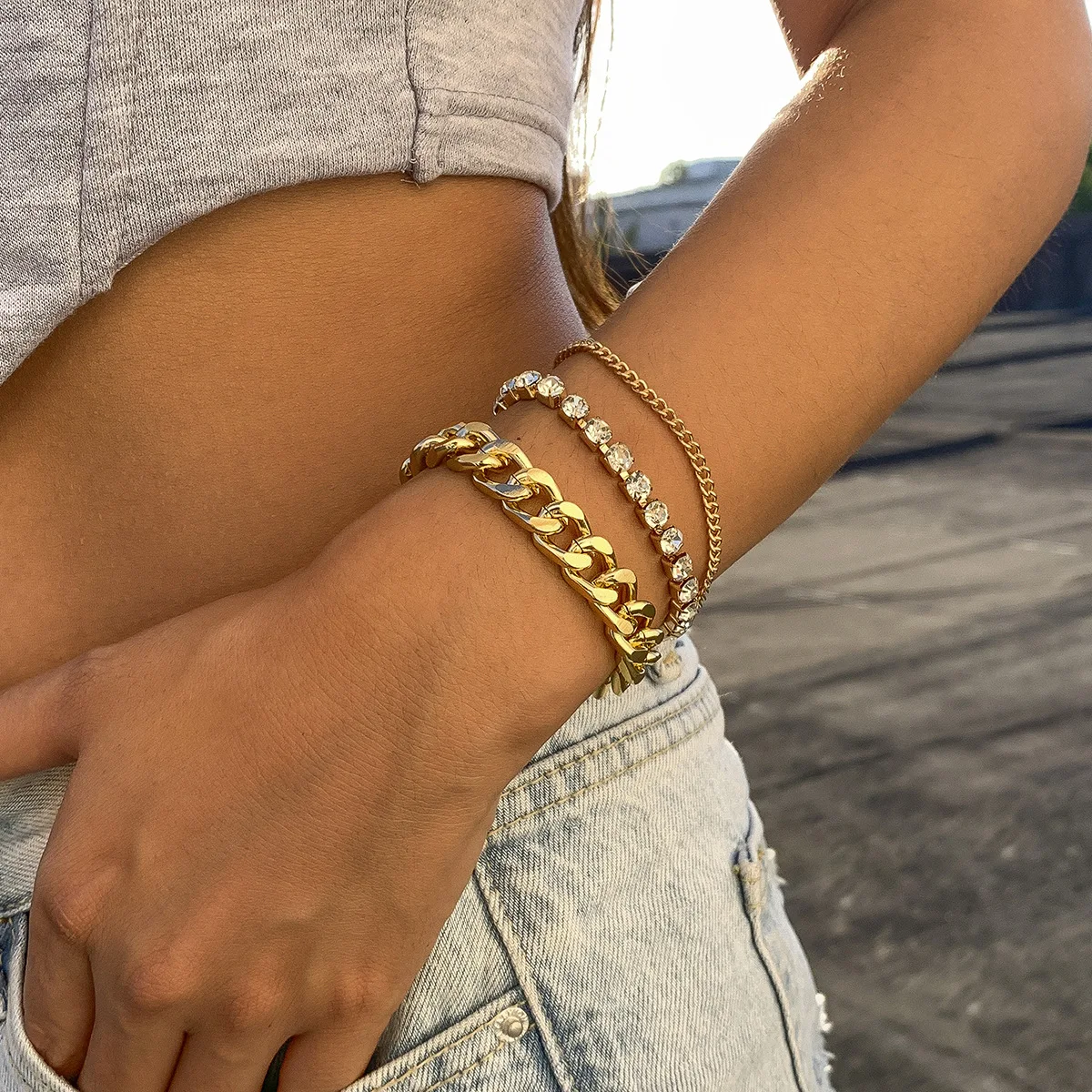 European 3 Pcs Set Real Gold Plated Cuban Chain Bracelet Set Rhinestone Crystal Tennis Chain Bracelet Set For Women
European 3 Pcs Set Real Gold Plated Cuban Chain Bracelet Set Rhinestone Crystal Tennis Chain Bracelet Set For Women