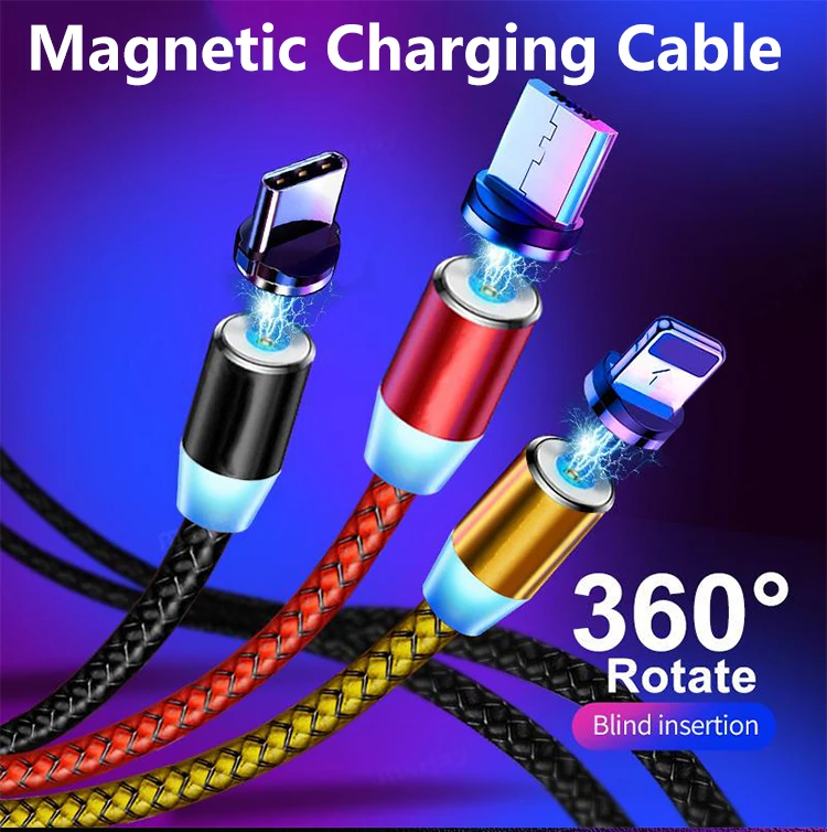 Magnetic USB Charging Cable Micro USB Type C IOS with LED, Multi 3-in-1 Cable Charger for Android Phone, Multiple Charging Cable
