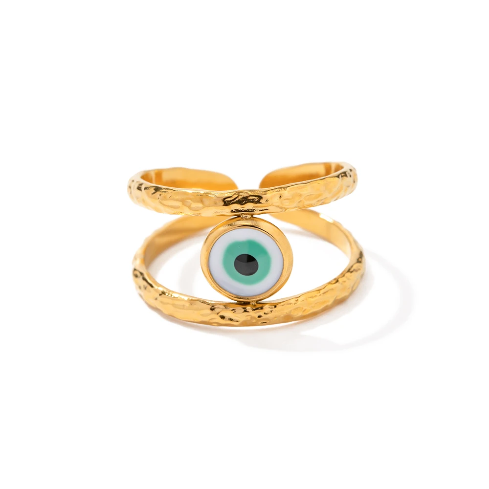 18K Gold Stainless Steel Evil Eyes Wide Design Adjustable Ring Double Layers Bend Opening Ring
18K Gold Stainless Steel Evil Eyes Wide Design Adjustable Ring Double Layers Bend Opening Ring
