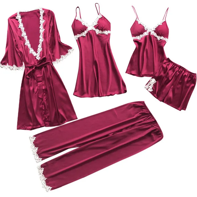 Sexy Women's Robe & Gown Sets Lace Bathrobe + Night Dress 5 Five Pieces Sleepwear Womens Sleep Set Faux Silk Robe Femme, Black red gray green
Sexy Women's Robe & Gown Sets Lace Bathrobe + Night Dress 5 Five Pieces Sleepwear Womens Sleep Set Faux Silk Robe Femme, Black red gray green