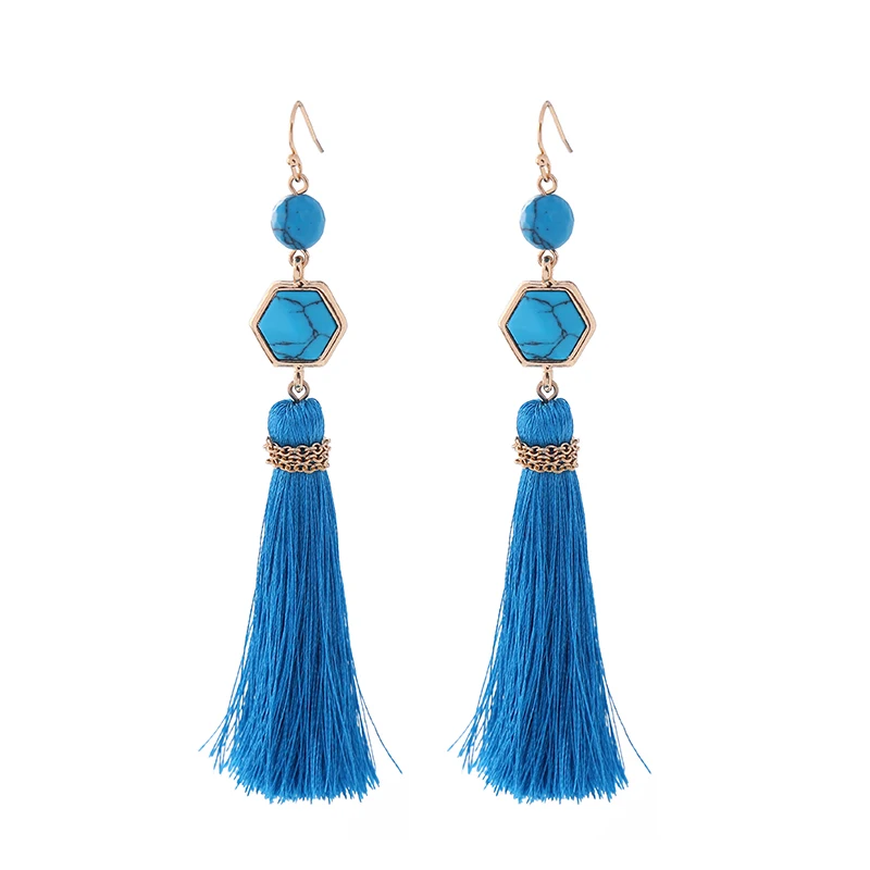 

ed00746b Boho Handmade Jewelry Blue Tassel Turquoise Stone Bead Jewelry Gold Fashion Statement Earrings For Women