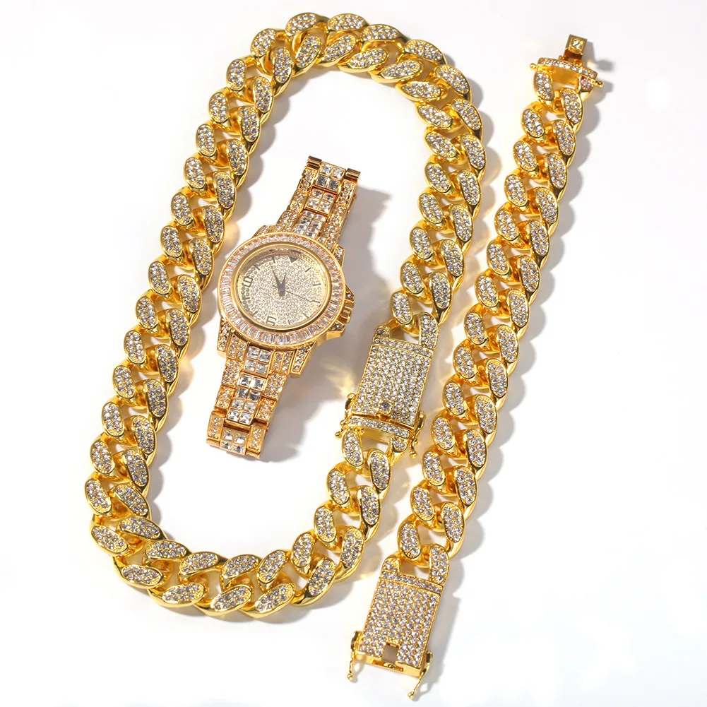 

DP Hiphop Popular 20mm Gold Plated AAA Zircon Watch Cuban Chain Necklace Bracelet Men's Hip Hop Jewelry Set, Pink
