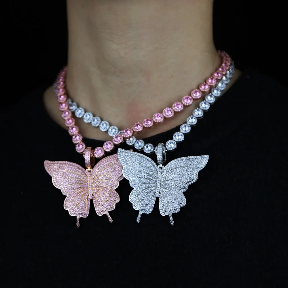 

New Fashion Iced out sparking bling cz pink pinky tennis chain choker jewelry With Rose Butterfly pendant hip hop cool necklace, As pic