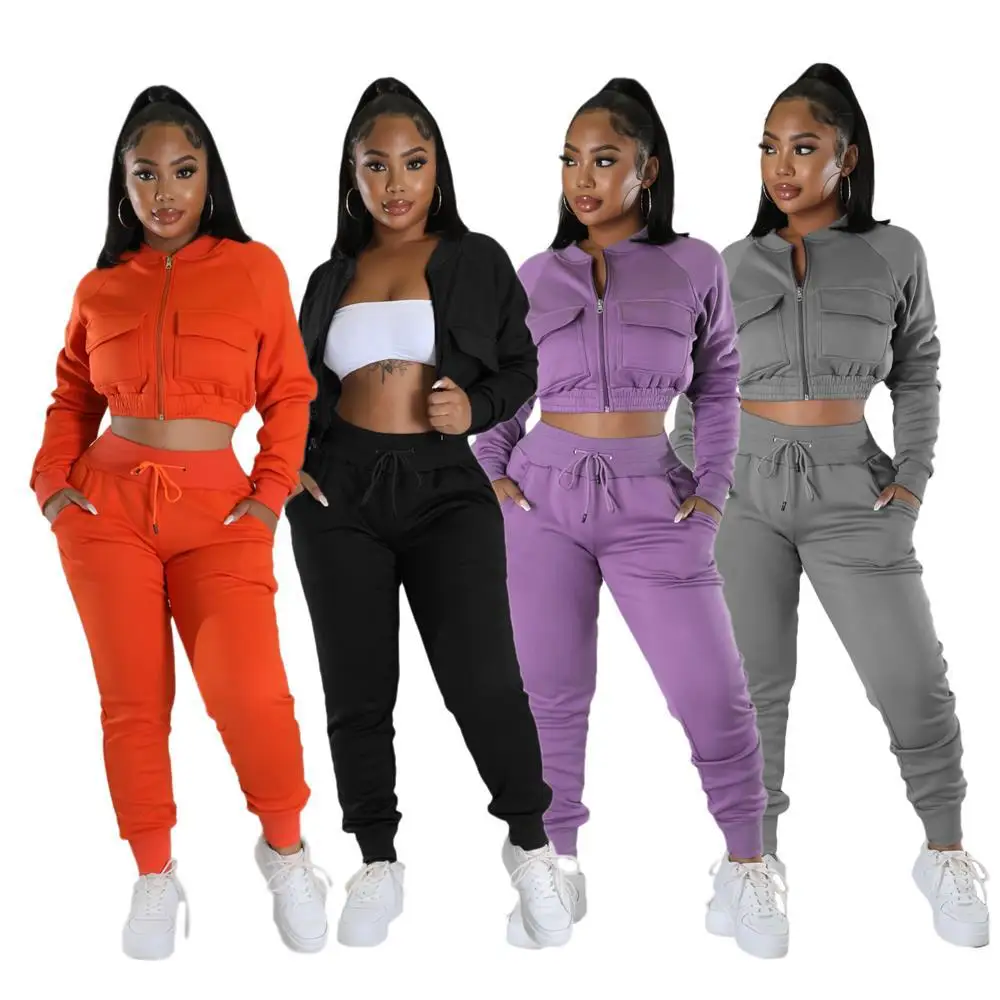 

women casual two piece sets cargo jogging pants jogger sets cropped jackets tracksuits for women long sleeve zip sweatshirts