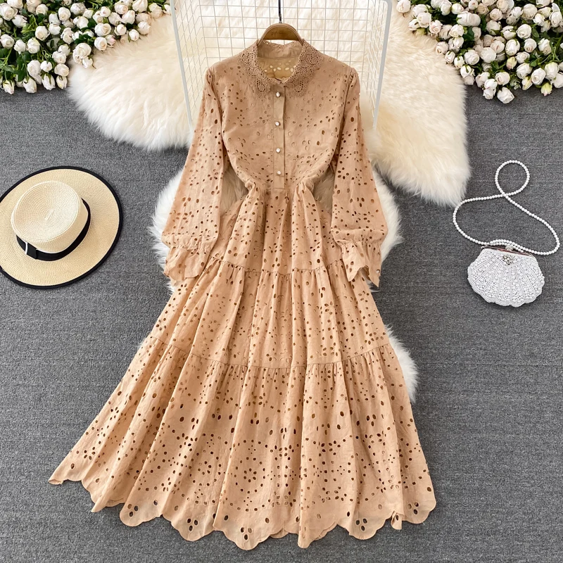 Spring and autumn fashion women's dress senior hollow Lapel dress high quality large swing long skirt, Pink,khaki,white,yellow
Spring and autumn fashion women's dress senior hollow Lapel dress high quality large swing long skirt, Pink,khaki,white,yellow