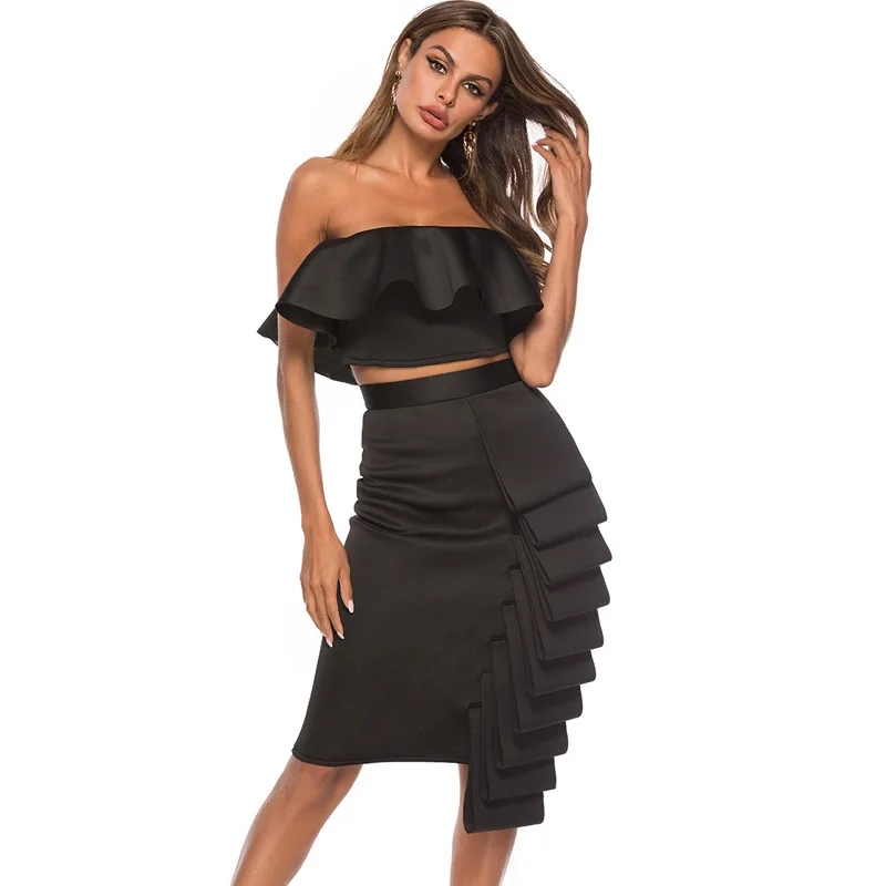 2021 New arrivals women sexy sleeveless Chest wrap Ruffles and skirt slim casual two piece set
2021 New arrivals women sexy sleeveless Chest wrap Ruffles and skirt slim casual two piece set
