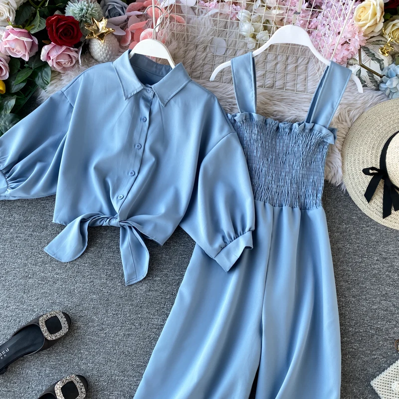 Women Spring Summer Solid Thin Coat+Jumpsuits Two Pieces Sets half Sleeve Jacket Top Jumpsuit Beach Set Suits wide leg pants Set 
Women Spring Summer Solid Thin Coat+Jumpsuits Two Pieces Sets half Sleeve Jacket Top Jumpsuit Beach Set Suits wide leg pants Set