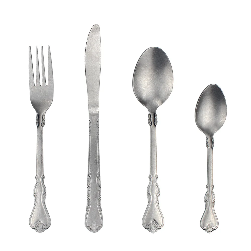 Bulk 4 pcs custom royal retro antique finished sanding silverware vintage spoon 4 piece stainless steel cutlery set, Silver
Bulk 4 pcs custom royal retro antique finished sanding silverware vintage spoon 4 piece stainless steel cutlery set, Silver