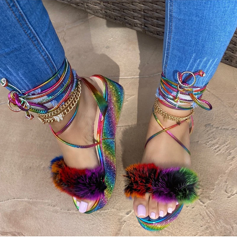 2021 Women Gladiator Fur Platform Sandals Ladies Glitter Bling Flat Female Crystal Ankle Wrap Shoes Women's Plus Size Footwear, 3 colors
2021 Women Gladiator Fur Platform Sandals Ladies Glitter Bling Flat Female Crystal Ankle Wrap Shoes Women's Plus Size Footwear, 3 colors
