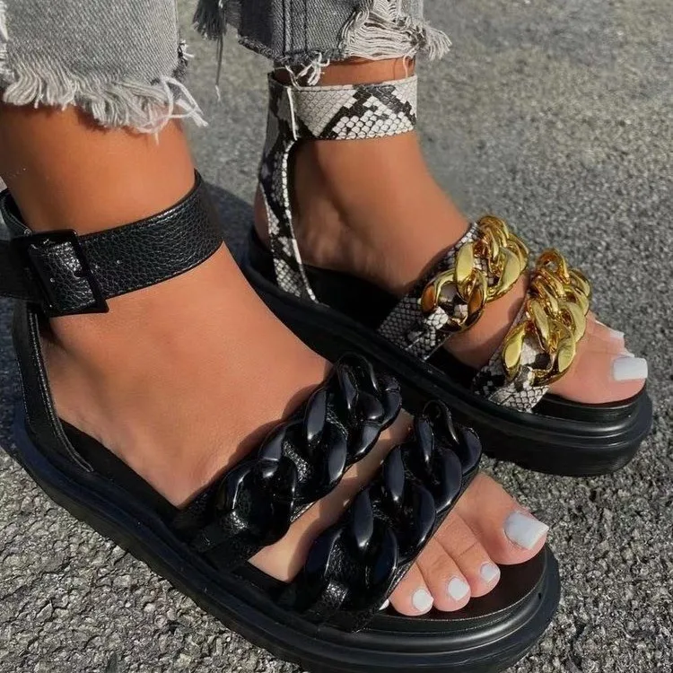 Summer new beach large size thick-soled women's sandals snake print chain anklet strap Roman sandals
Summer new beach large size thick-soled women's sandals snake print chain anklet strap Roman sandals