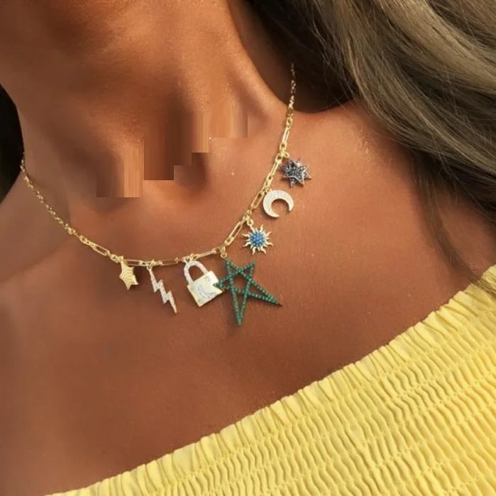 star flash moon lock multi geometric chain pendant charm necklace clavicle chain for women jewelry, Customized
star flash moon lock multi geometric chain pendant charm necklace clavicle chain for women jewelry, Customized
