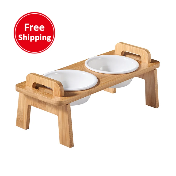 

Ceramic bamboo and wood double bowl for cats dining table bowl for kittens to protect the cervical spine