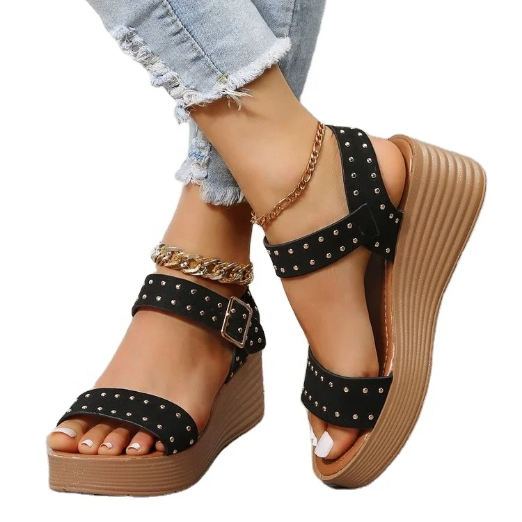

Hot products women wedge sandals summer fashion trend sandals ankle strap rivets flower sandals for women, Green/black/khaki