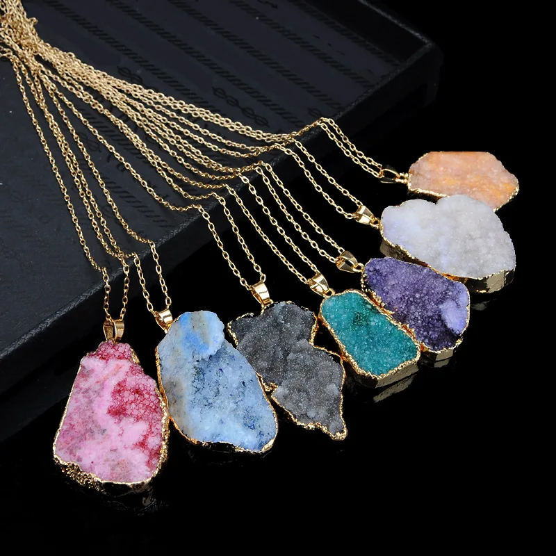 

Geode Agate Druzy Necklace Irregular Gold Plated Long Chain Original Unpolished Stone Sliced Agate Pendant Necklace