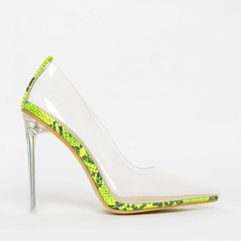 2019 Neon green Snake Leder Klar Transparent dünne ferse Sandalen Für Frauen Und Damen