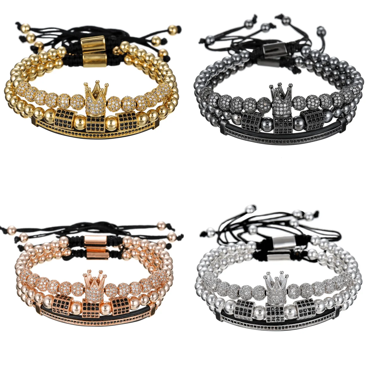 

Hot Sale 4Pcs/Set Gold Crown Engraved Men Bracelet Bangle Set Luxury Stainless Steel Roman Numbers CZ Braided Bracelet Homme, Gold/silver/rose gold/black