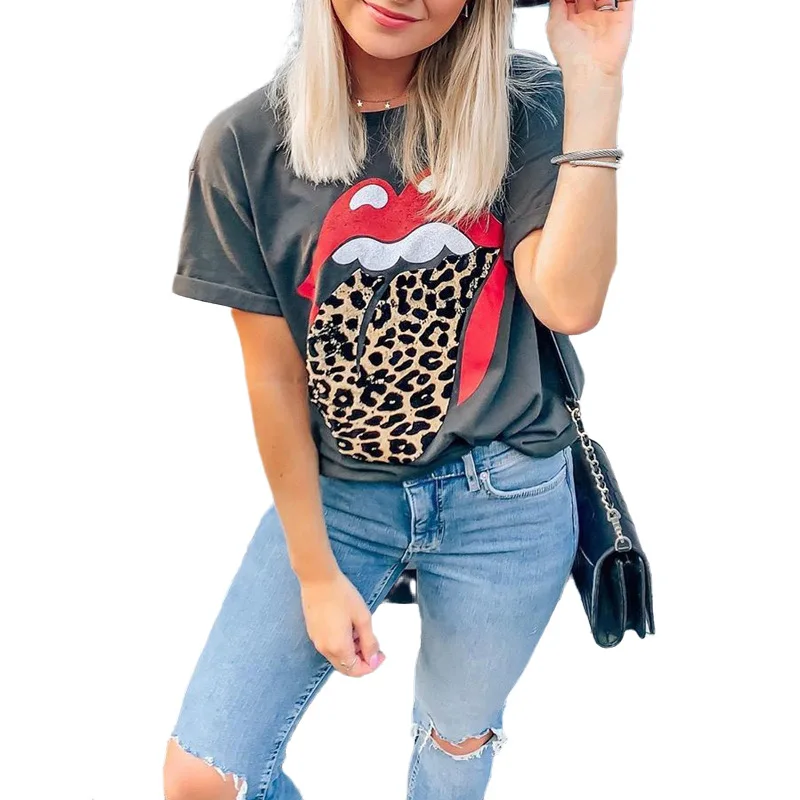 Best Selling Fashion Woman Leopard Lips Printed T-shirt Manufacturing, White, black, gray 
Best Selling Fashion Woman Leopard Lips Printed T-shirt Manufacturing, White, black, gray
