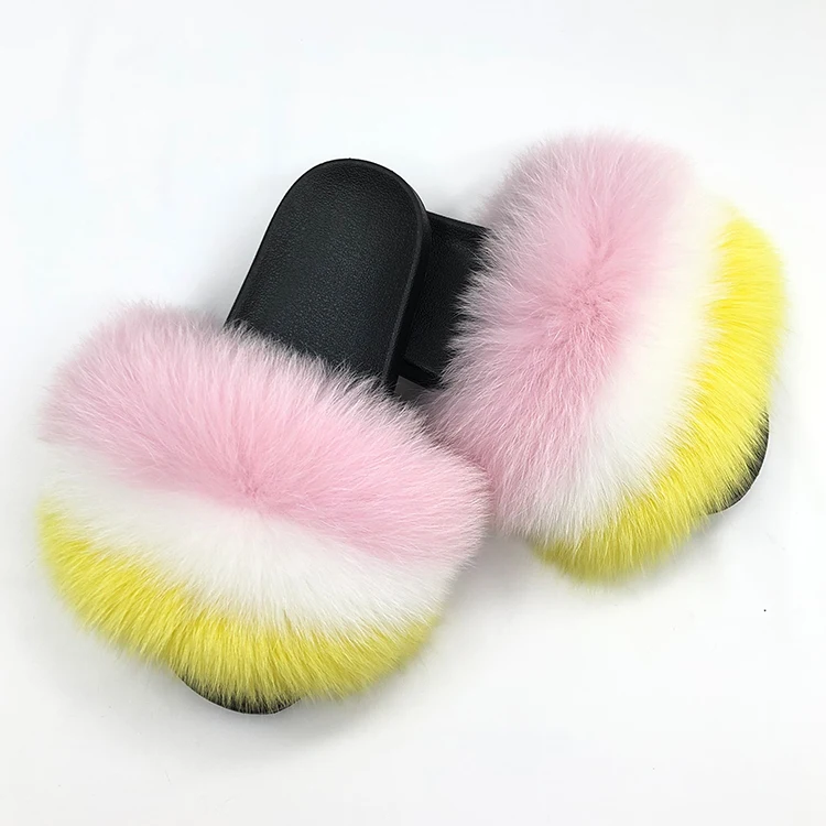 Wholesale pink yellow big real fox fur furry slides slippers women custom fur furry slides, Customized color
Wholesale pink yellow big real fox fur furry slides slippers women custom fur furry slides, Customized color