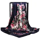 Navy Blue Chinese Roses Large Square Scarves New Female Elegant Large Silk Scarf Fashion Ladies Accessories 90*90cm