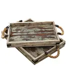 Decorative Country Distressed Rustic Finish Wood Coffee Tray with Rope Handles Set of 3