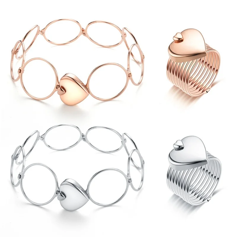 

Fashion Stainless Steel Dual-use Heart-shaped Ring Change Into Bracelets for Women Folding Jewelry