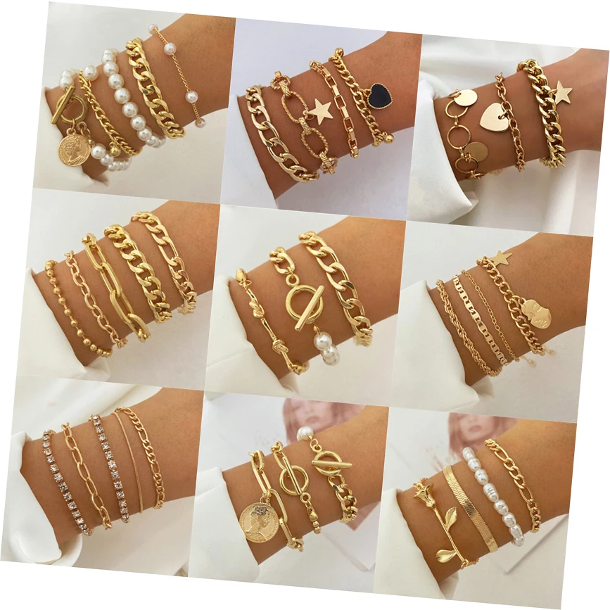 Punk Golden Metal Thick Chain Bracelets for Women Men Pentagram Heart Beads Pendant Charm Bracelet Set Fashion Jewelry
Punk Golden Metal Thick Chain Bracelets for Women Men Pentagram Heart Beads Pendant Charm Bracelet Set Fashion Jewelry