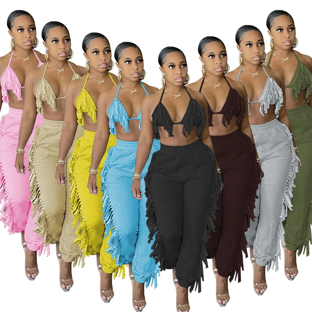 

2021 Summer cute 8 colors back letss bra top with tassels fringes jogger pants 2 piece sexy clothing set for women