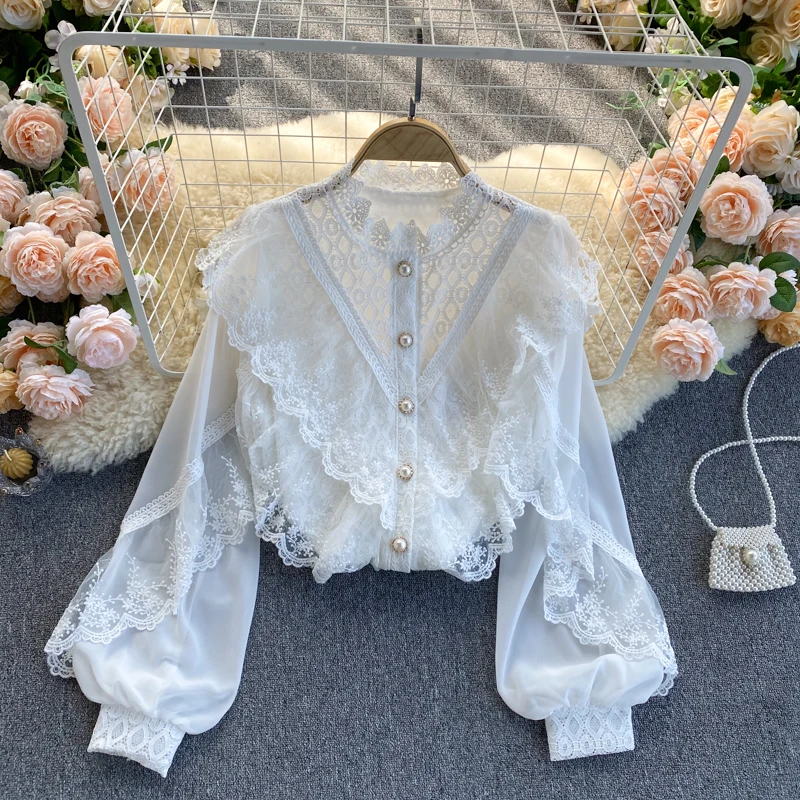 Long-Sleeved Women's Shirt Chiffon Ruffled Puff Sleeve Slim Tops 2021 Spring New Sweet Lace Patchwork Stand Collar Blouse
Long-Sleeved Women's Shirt Chiffon Ruffled Puff Sleeve Slim Tops 2021 Spring New Sweet Lace Patchwork Stand Collar Blouse