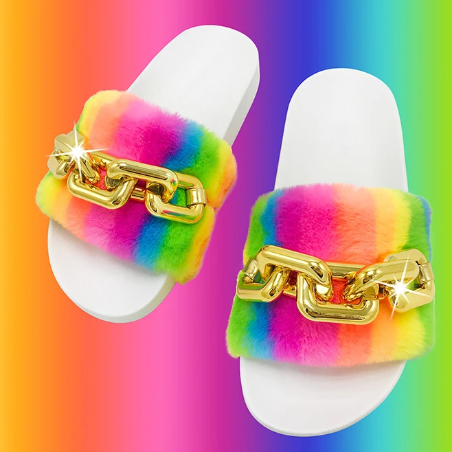 Women Summer Casual Fluffy Slippers With Fur Flat Non-Slip Slides Female Rainbow Color Metal Chain Round Toe Slipper Beach Shoes, Requirement
Women Summer Casual Fluffy Slippers With Fur Flat Non-Slip Slides Female Rainbow Color Metal Chain Round Toe Slipper Beach Shoes, Requirement