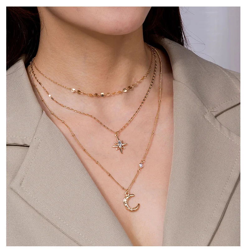 Gold plated multi layer necklace pearl 3 layer necklace Moon and star pendant layered necklace for women
Gold plated multi layer necklace pearl 3 layer necklace Moon and star pendant layered necklace for women