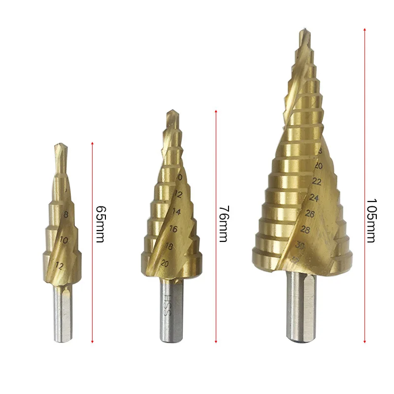 3pcs Step Drill Bit Set Hss Titanium Coated Spiral Grooved Drill Bits