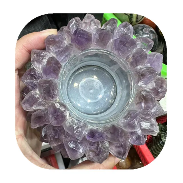

Wholesale natural crystal Healing Energy stone Carved crystal crafts light amethyst candle holder for home decoration