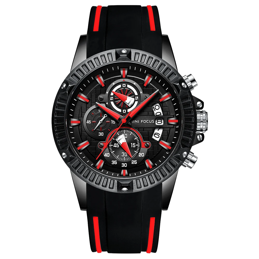 

MINIFOCUS 0244G Chronograph Mens Watches Brand Luxury Casual Sport Quartz Silicone Wrist Watches Waterproof Men's Watch Man, Black, blue, yellow, red