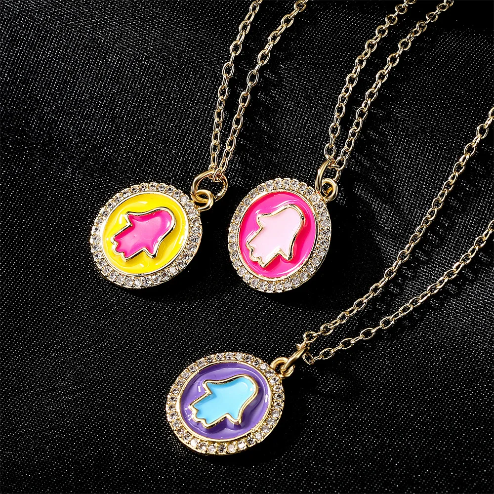 2022 Vintage Style Enamel Hamsa Hand Fatima Hand Zircon Round Pendent 18k Gold Plated Necklace For Women, Picture
2022 Vintage Style Enamel Hamsa Hand Fatima Hand Zircon Round Pendent 18k Gold Plated Necklace For Women, Picture