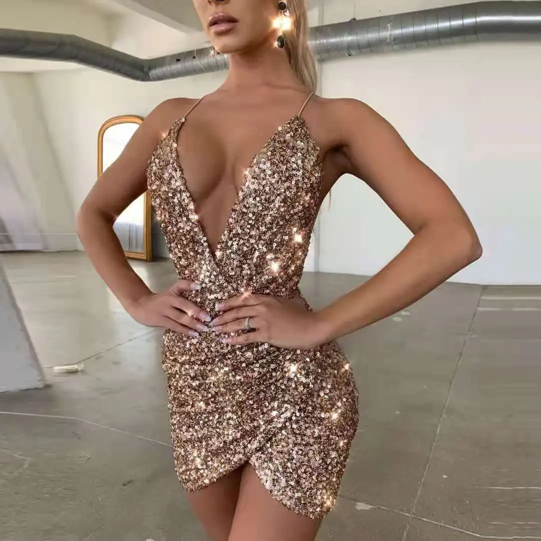 2022 Discounted Prices Fashion Sequined Sexy Deep V Halter Neck Backless Irregular Mini Dress, Picture color
2022 Discounted Prices Fashion Sequined Sexy Deep V Halter Neck Backless Irregular Mini Dress, Picture color