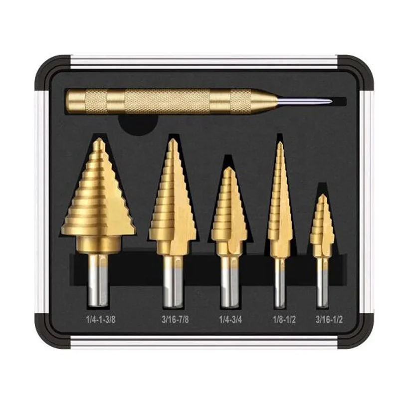 6Pcs HSS Titanium Coated Step Drill Bit With Center Punch Drill Set Hole Cutter Drilling Tool
6Pcs HSS Titanium Coated Step Drill Bit With Center Punch Drill Set Hole Cutter Drilling Tool