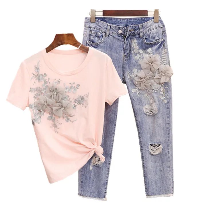 Women 2020 2Pcs Embroidery 3D Flower Short Sleeve T shirt Heavy Work Jean Ripper Hole Denim Pants Suit, As picture
Women 2020 2Pcs Embroidery 3D Flower Short Sleeve T shirt Heavy Work Jean Ripper Hole Denim Pants Suit, As picture