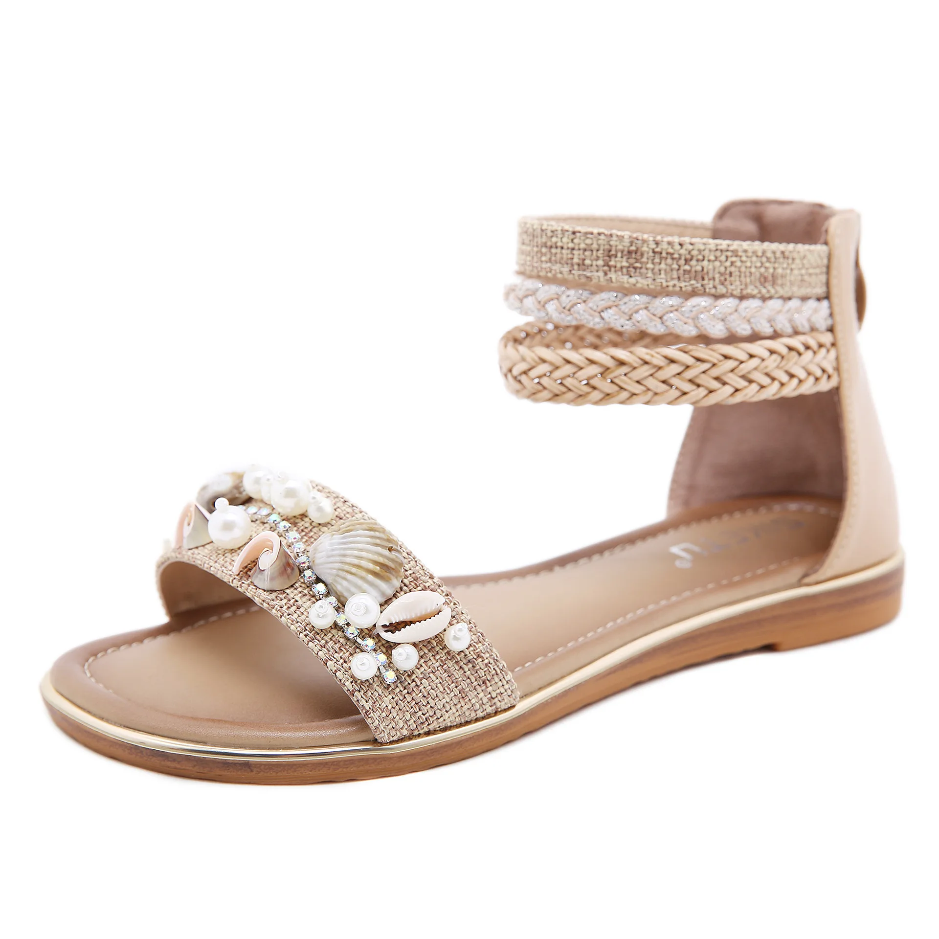 Dropshipping Ladies Summer Ethnic Sandals Solid Color Open Toe Hollow Shell Beaded Ankle Wrap Back Zipper Women Sandals
Dropshipping Ladies Summer Ethnic Sandals Solid Color Open Toe Hollow Shell Beaded Ankle Wrap Back Zipper Women Sandals