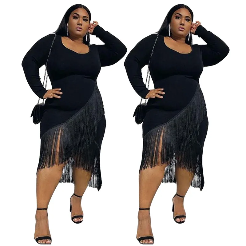 Foma N7057 Plus size sexy solid color long sleeve women outfit fringe sexy black dress nightclub dress for women, As picture
Foma N7057 Plus size sexy solid color long sleeve women outfit fringe sexy black dress nightclub dress for women, As picture