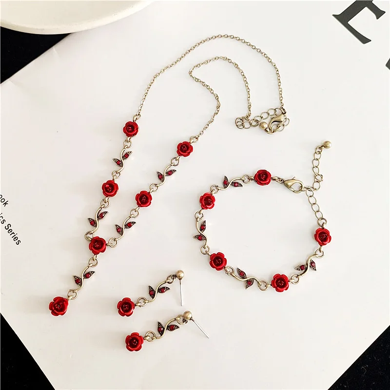 Popular Red Rose Jewelry Set Gold Plated Necklace Romantic Flower Pendant Bracelet Women Charm Earrings Jewelry Set For Wedding
Popular Red Rose Jewelry Set Gold Plated Necklace Romantic Flower Pendant Bracelet Women Charm Earrings Jewelry Set For Wedding