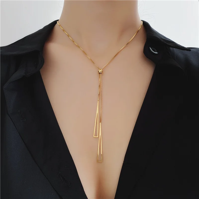 Simple Trendy Women Adjustable Stainless Steel Clavicle Necklace Wholesale Y-Shaped Geometric Hollow Triangle Tassel Necklace
Simple Trendy Women Adjustable Stainless Steel Clavicle Necklace Wholesale Y-Shaped Geometric Hollow Triangle Tassel Necklace