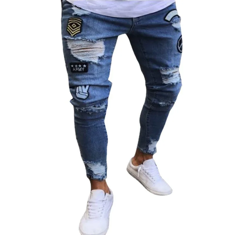 

New Italy Style Men's Distressed Destroyed Badge Pants Art Patches Skinny Biker White Jeans Slim Trousers men denim jeans