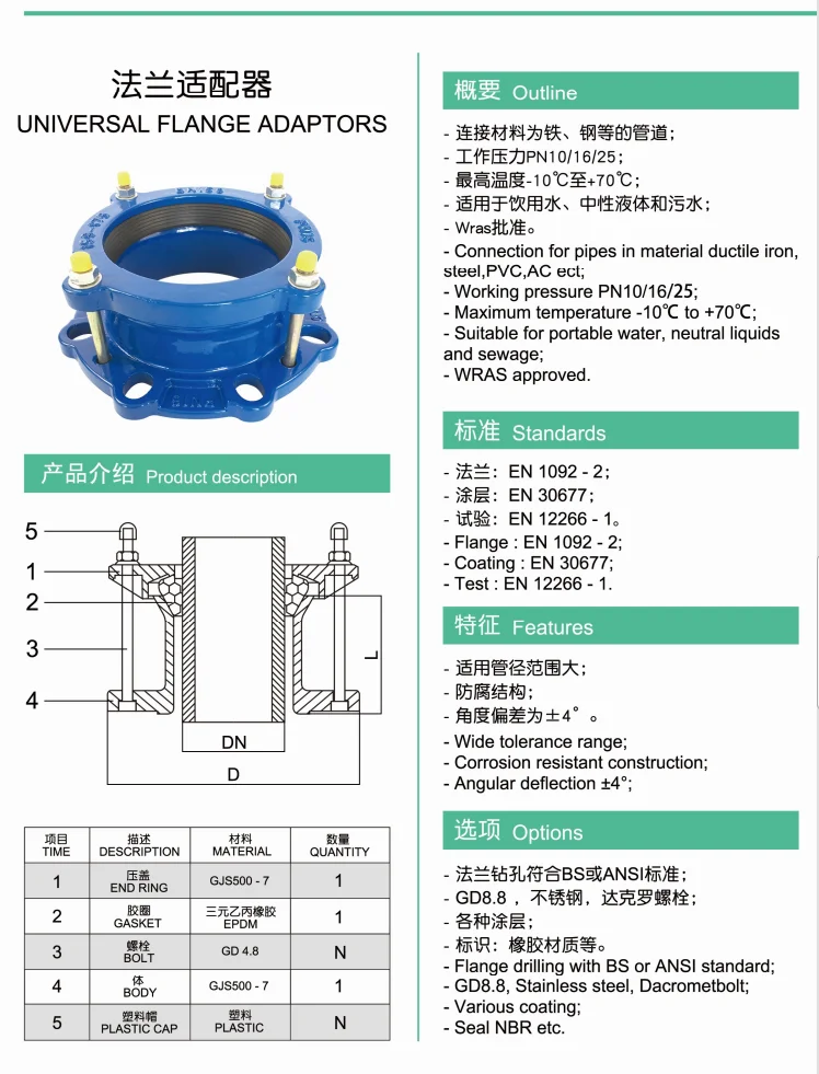 球墨铸铁不锈钢通用减少接头接头 hdpe 管法兰适配器
