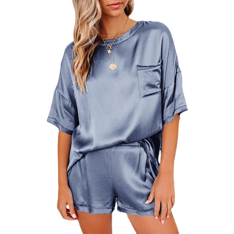 S0054B Good Quality 2021 European And American New Solid Color Satin Nightwear Short Sleeve Shorts Irregular Two-piece Suit
S0054B Good Quality 2021 European And American New Solid Color Satin Nightwear Short Sleeve Shorts Irregular Two-piece Suit