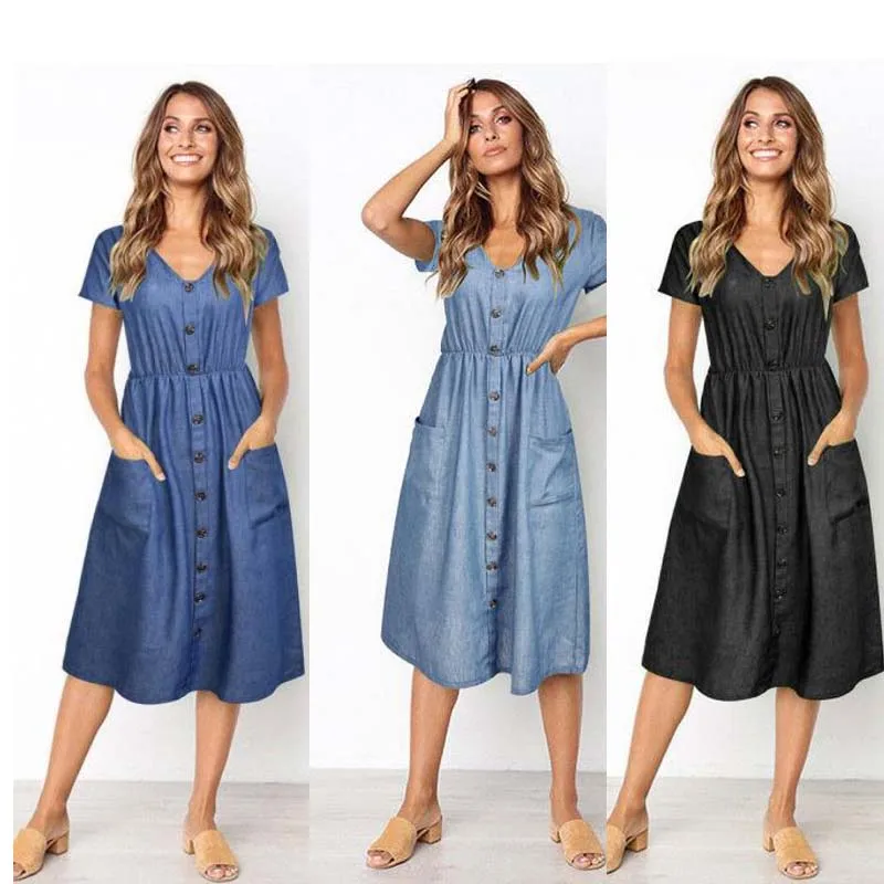 Wholesale Fashion Clothing Summer Short Sleeves Ladies Casual Denim Jeans Dresses Women Lady, Blue
Wholesale Fashion Clothing Summer Short Sleeves Ladies Casual Denim Jeans Dresses Women Lady, Blue